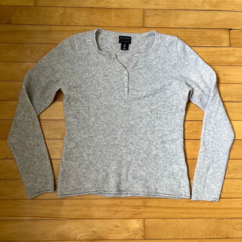 Mercer & Madison Womens Grey 100% Cashmere Long Sleeve Henley Sweater Size Large